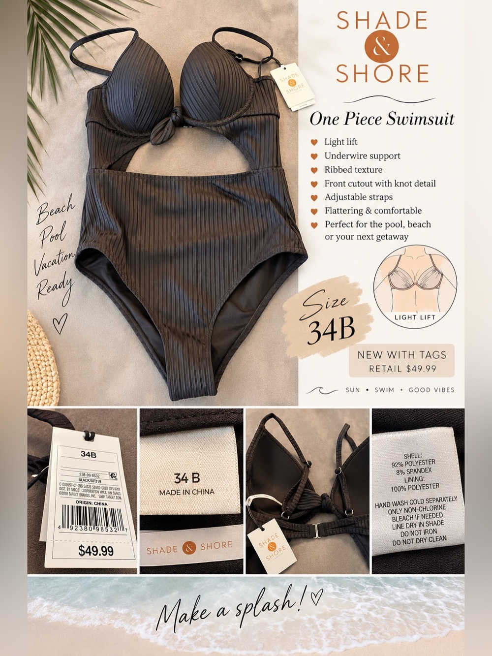 Shade & Shore Black Ribbed One-Piece Swimsuit with Front Cutout